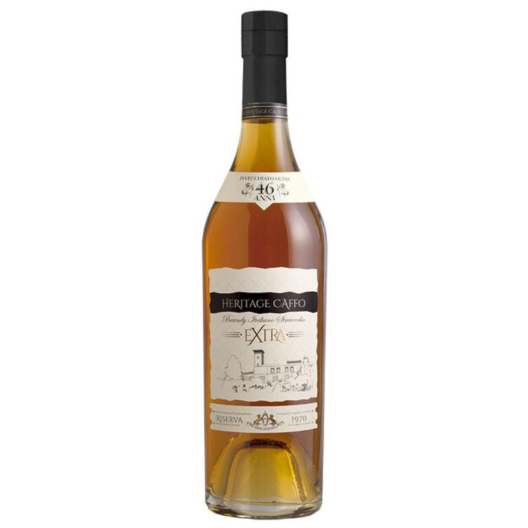 Bottiglia di Brandy Caffo Heritage Riserva 1970 – distillato italiano extra invecchiato 46 anni, colore ambrato e aroma elegante.