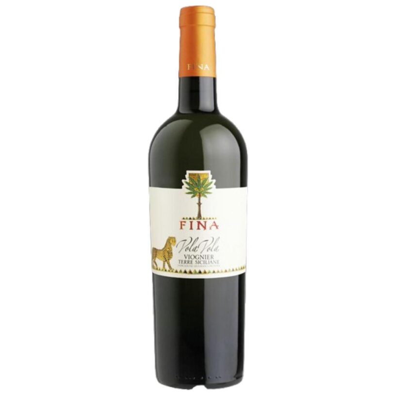 Bottiglia di vino bianco Fina Vola Vola Viognier, elegante vino siciliano dalle note floreali e fruttate.