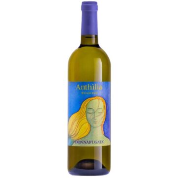 Bottiglia di vino bianco DonnaFugata Anthìlia Sicilia DOC con etichetta artistica blu e dorata.