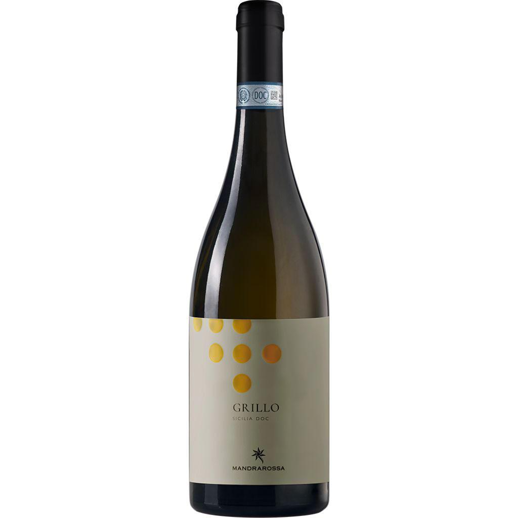 Bottiglia di Mandrarossa Grillo Sicilia DOC – vino bianco siciliano fresco e aromatico con note di agrumi e fiori bianchi.