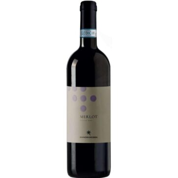 Bottiglia di Mandrarossa Merlot Sicilia DOC – vino rosso morbido e fruttato con note di ciliegia e spezie.