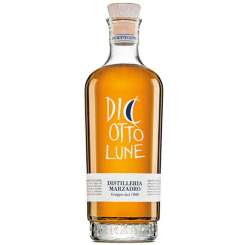 Bottiglia di Grappa Marzadro Diciotto Lune – distillato elegante e morbido affinato in legno.