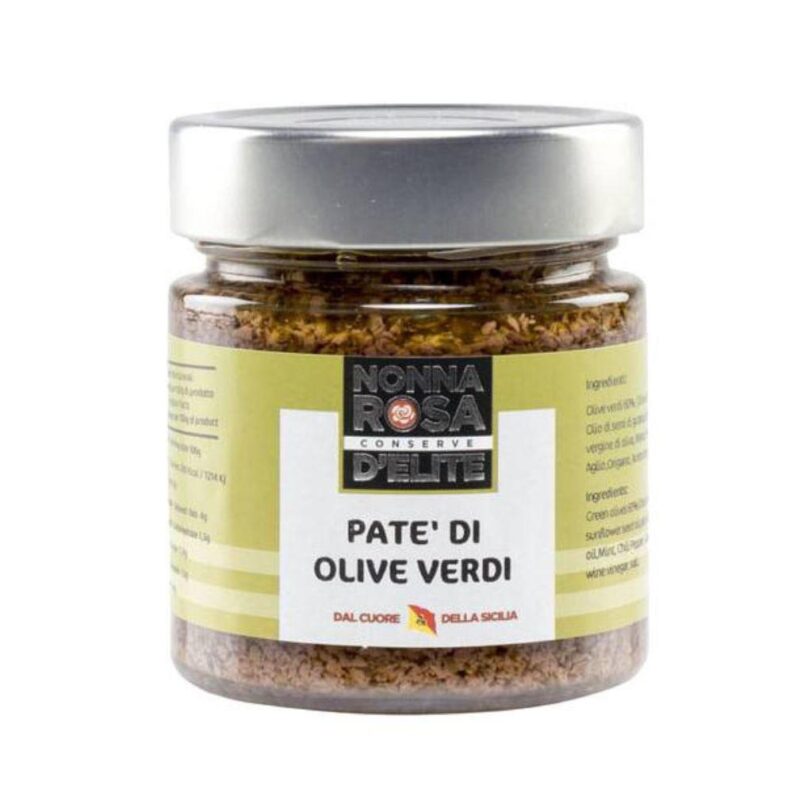 Barattolo di Patè di Olive Verdi Nonna Rosa – crema siciliana aromatica e gustosa.