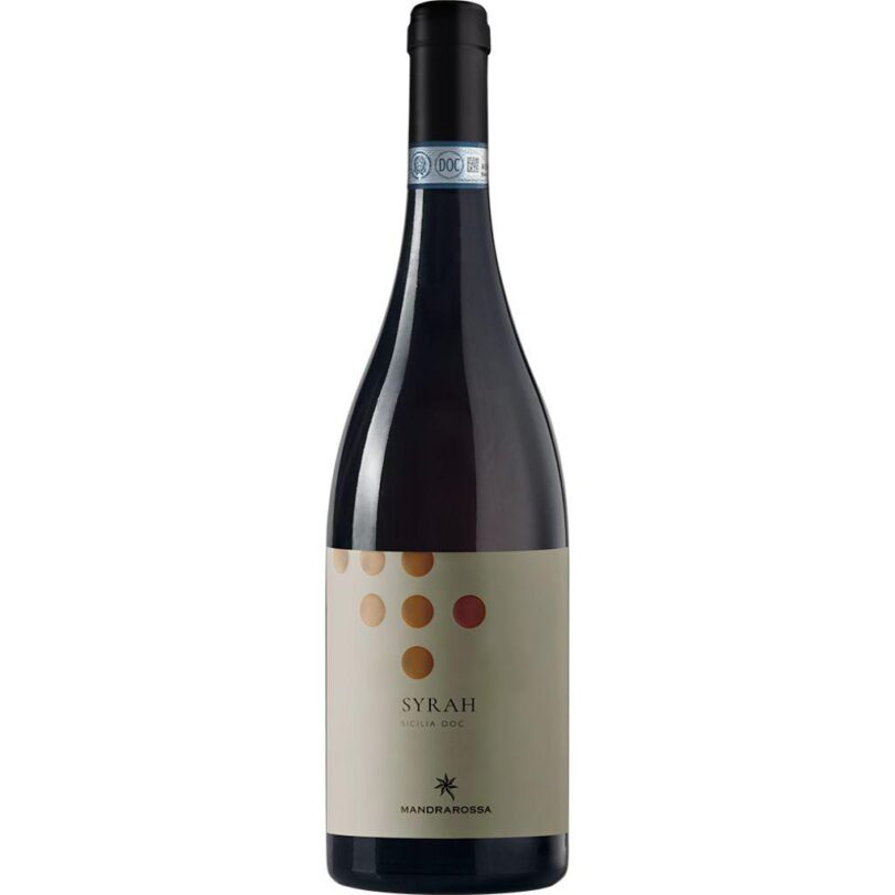Bottiglia di Mandrarossa Syrah Sicilia DOC – vino rosso siciliano speziato e fruttato con note di pepe nero
