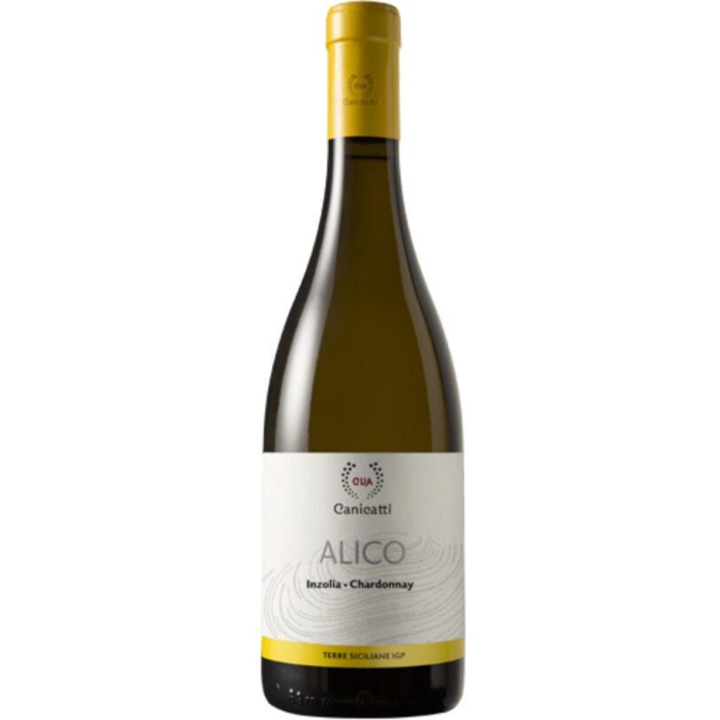 Bottiglia di CVA Alico Inzolia Chardonnay Terre Siciliane IGP – vino bianco siciliano elegante e fruttato.