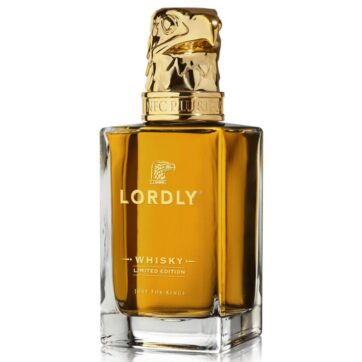 Bottiglia di Whisky Lordly Limited Edition con tappo dorato a forma d’aquila – distillato elegante e raffinato.