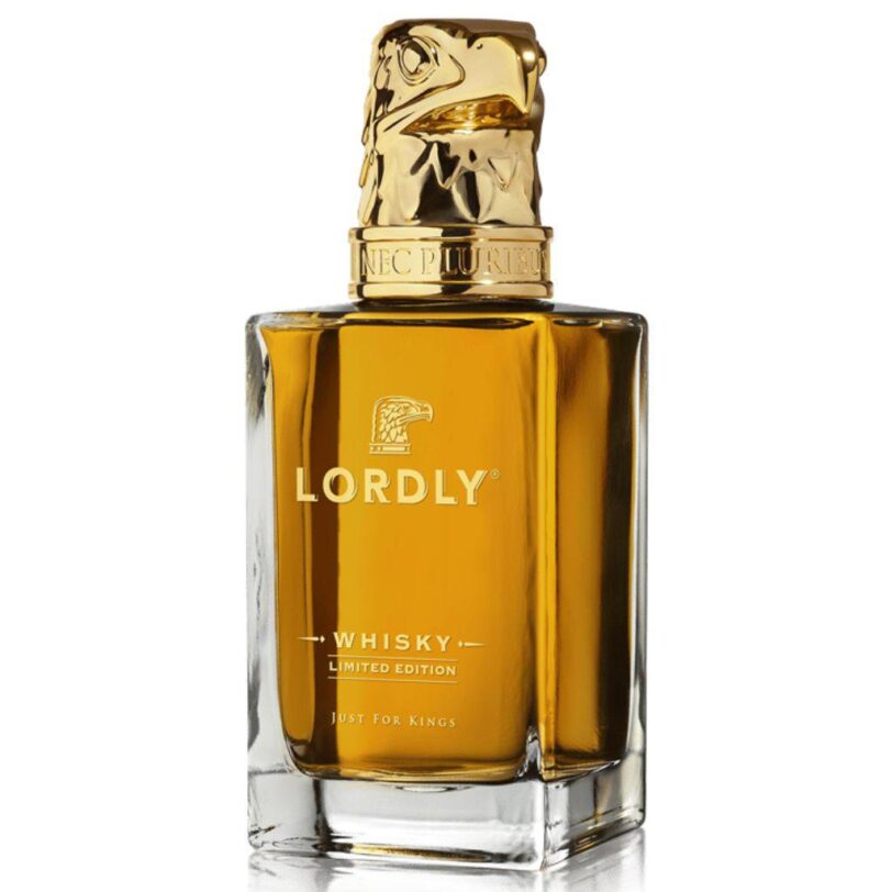 Bottiglia di Whisky Lordly Limited Edition con tappo dorato a forma d’aquila – distillato elegante e raffinato.