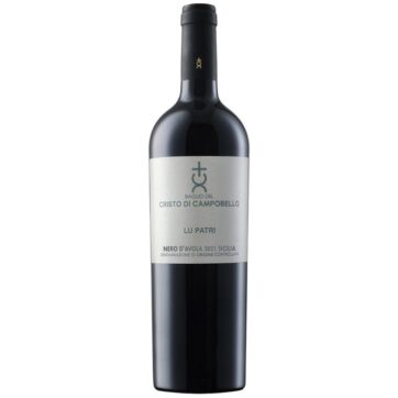 Bottiglia di Lu Patri Nero d’Avola DOC Sicilia del Baglio del Cristo di Campobello – vino rosso elegante e intenso.