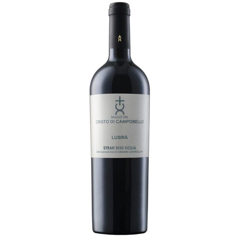 Bottiglia di Lusirà Syrah DOC Sicilia del Baglio del Cristo di Campobello – vino rosso elegante e speziato.