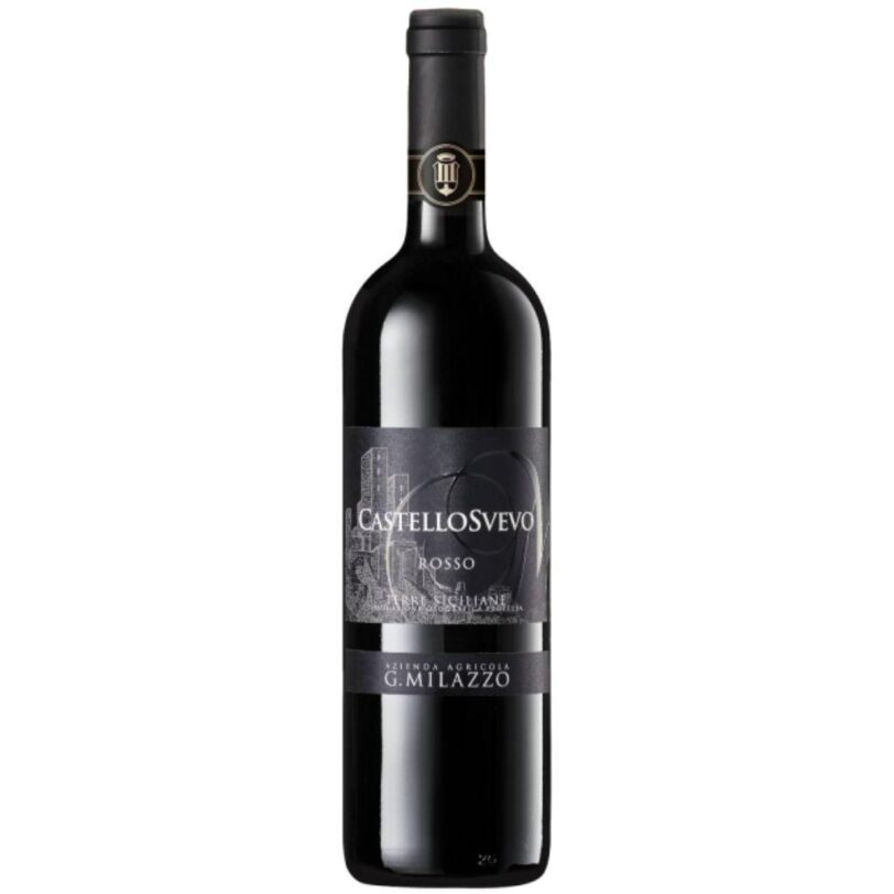 Bottiglia di Milazzo Castello Svevo Rosso – vino siciliano elegante e corposo con profumi di frutti rossi e spezie.