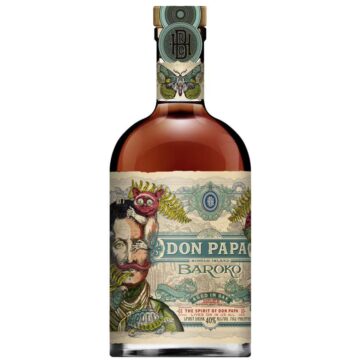 Bottiglia di Don Papa Baroko – rum filippino dal gusto dolce e vanigliato, con note di miele e frutta candita.