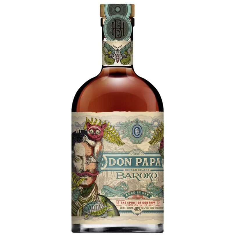 Bottiglia di Don Papa Baroko – rum filippino dal gusto dolce e vanigliato, con note di miele e frutta candita.