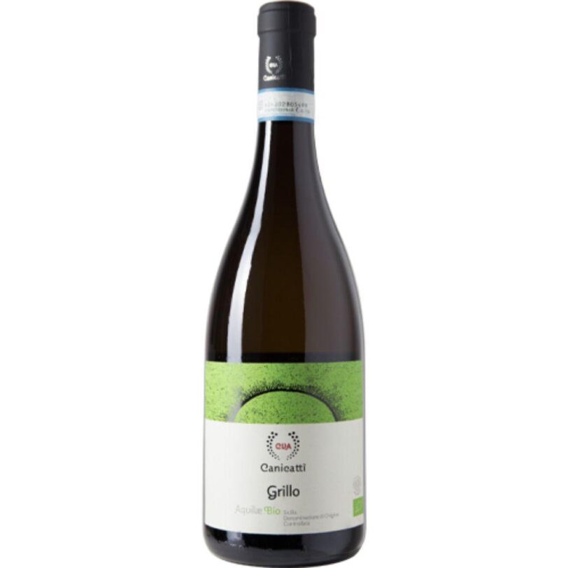 Bottiglia di CVA Aquilae Grillo Bio – vino bianco siciliano biologico fresco e aromatico con profumi di agrumi e fiori bianchi.