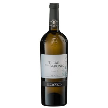 Bottiglia di Milazzo Terre della Baronia Bianco – vino bianco siciliano fresco e profumato.