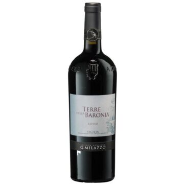 Bottiglia di Milazzo Terre della Baronia Rosso – vino rosso siciliano elegante e strutturato.