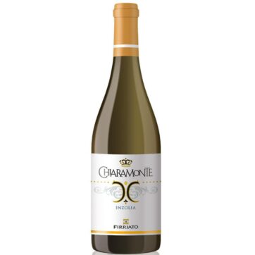 Vino bianco Inzolia Firriato Chiaramonte – bottiglia elegante con etichetta bianca e note dorate, vino fresco siciliano.