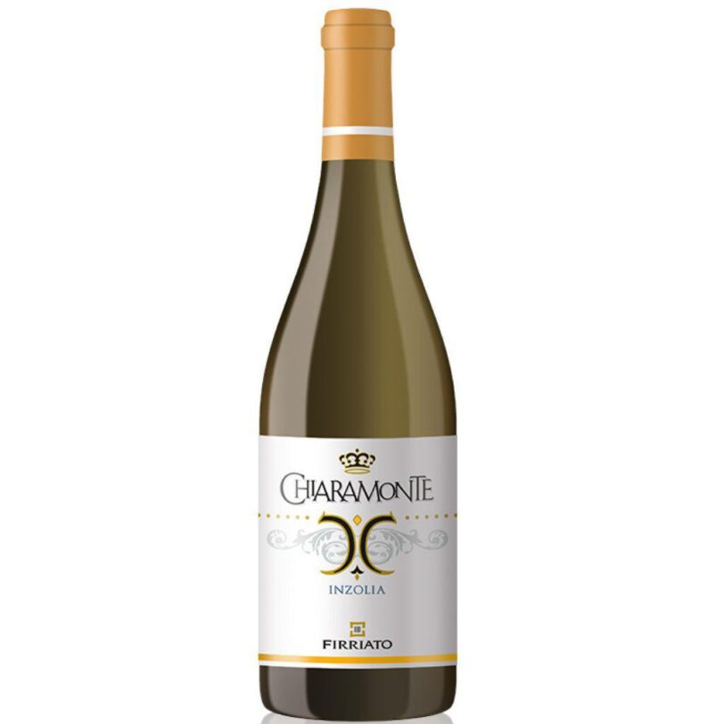 Vino bianco Inzolia Firriato Chiaramonte – bottiglia elegante con etichetta bianca e note dorate, vino fresco siciliano.