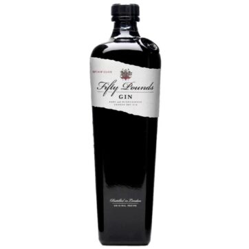 Gin Fifty Pounds – London Dry Gin artigianale inglese in bottiglia elegante nera.