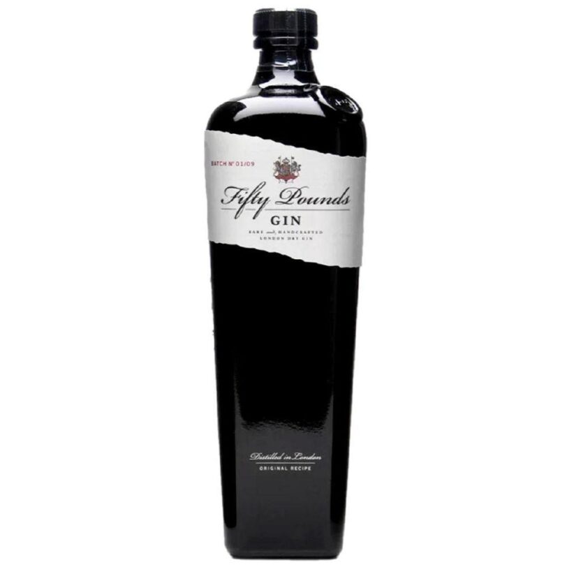 Gin Fifty Pounds – London Dry Gin artigianale inglese in bottiglia elegante nera.