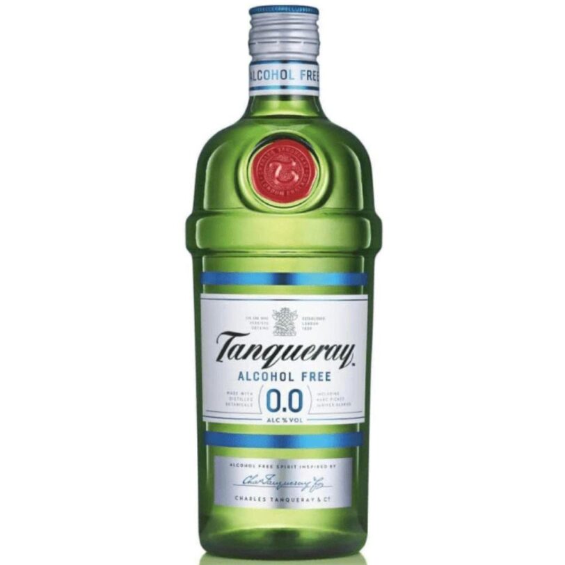 Bottiglia Gin Tanqueray 0.0 – distillato analcolico dal gusto classico, ideale per cocktail raffinati e mocktail freschi.