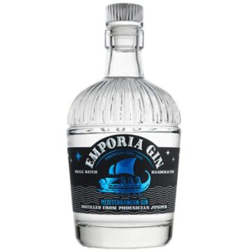 Bottiglia di Gin Emporia Mediterranean Dry, premium gin artigianale mediterraneo distillato con ginepro fenicio e botaniche naturali.