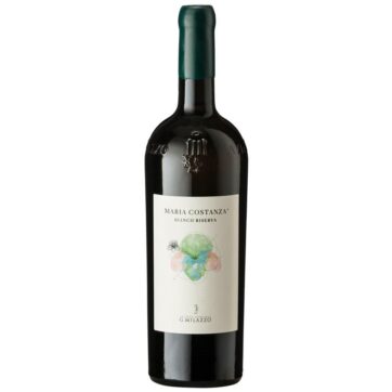 Bottiglia di Milazzo Maria Costanza Bianco Riserva, vino bianco siciliano elegante e profumato, affinato in acciaio e legno per equilibrio e complessità.