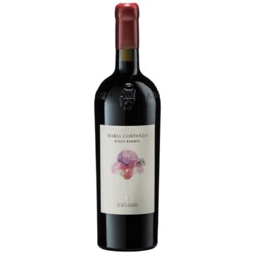 Bottiglia di Milazzo Maria Costanza Rosso Riserva, vino rosso siciliano elegante e intenso prodotto con uve autoctone, affinato in barrique.
