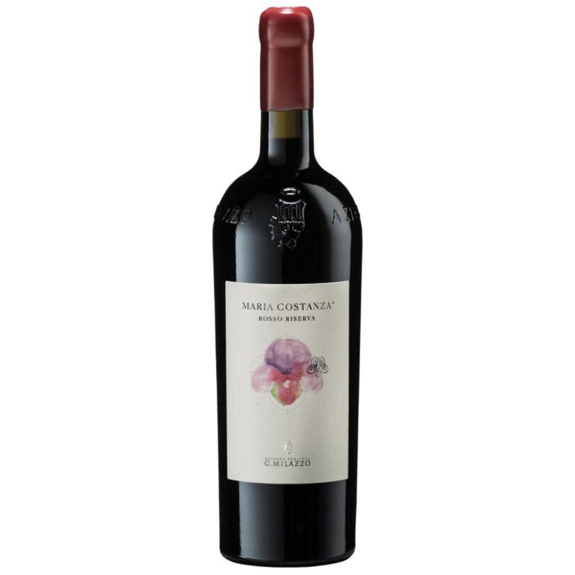 Bottiglia di Milazzo Maria Costanza Rosso Riserva, vino rosso siciliano elegante e intenso prodotto con uve autoctone, affinato in barrique.