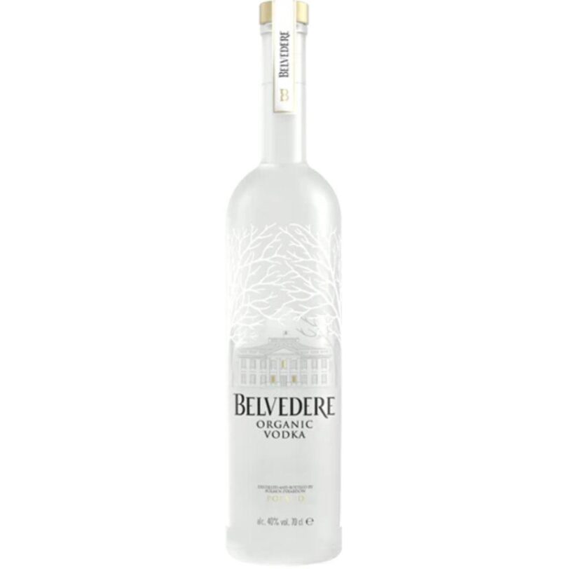 Bottiglia di Vodka Belvedere, distillata da segale biologica in Polonia, vodka premium dal gusto puro e vellutato.