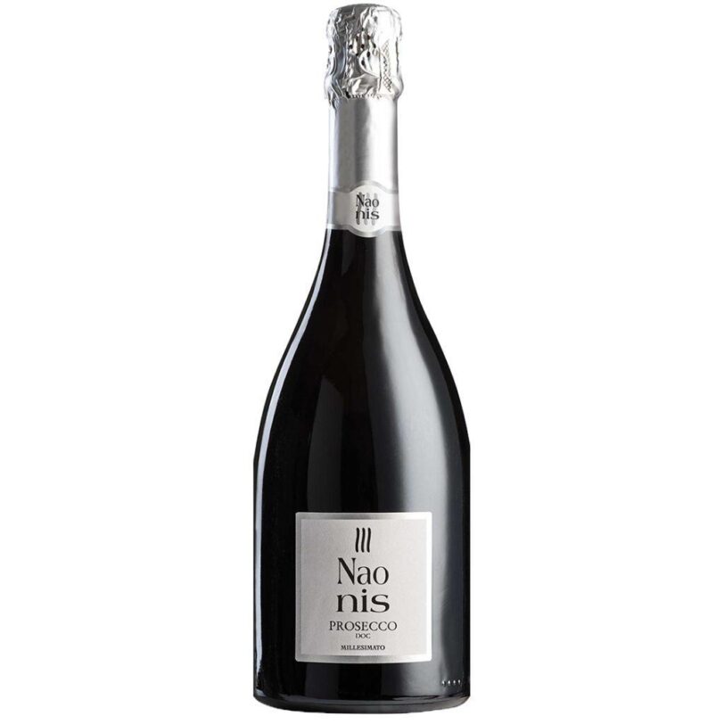 Bottiglia di Prosecco Naonis Millesimato Extra Dry, spumante elegante e fresco, ideale per aperitivi e brindisi.