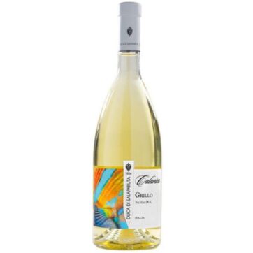 Bottiglia di Duca di Salaparuta Calanica Grillo, vino bianco siciliano DOC fresco e profumato, perfetto con piatti di pesce e antipasti.