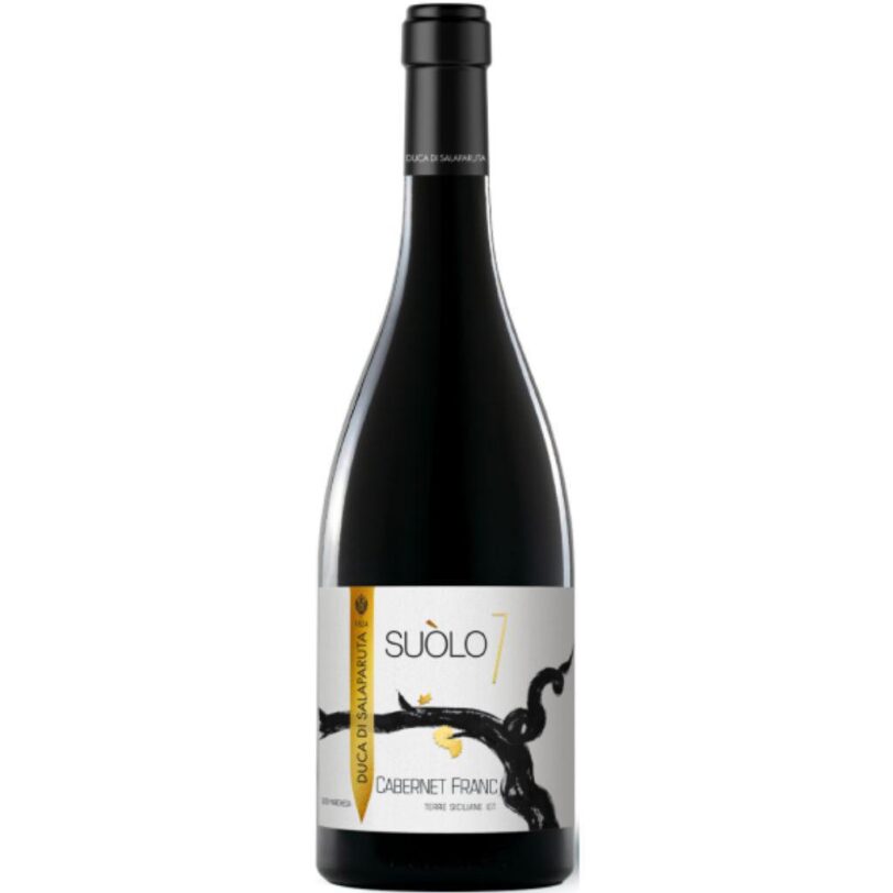 Bottiglia di Duca di Salaparuta Suolo 7 Cabernet Franc, vino rosso siciliano elegante e complesso.