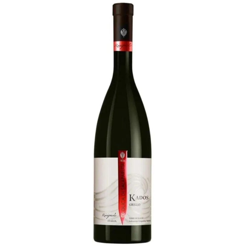 Bottiglia di Duca di Salaparuta Kados, vino bianco siciliano 100% Grillo, fresco e aromatico.