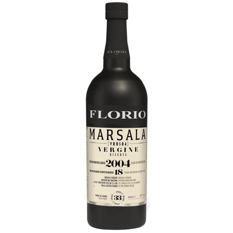 Bottiglia di Marsala Florio Vergine Riserva 2004, vino siciliano secco invecchiato 18 anni in botti di rovere.