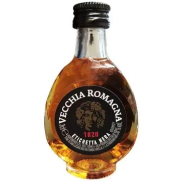 Mini bottiglia di Brandy Vecchia Romagna Etichetta Nera 3cl, distillato italiano disponibile in enoteca Sicilia.