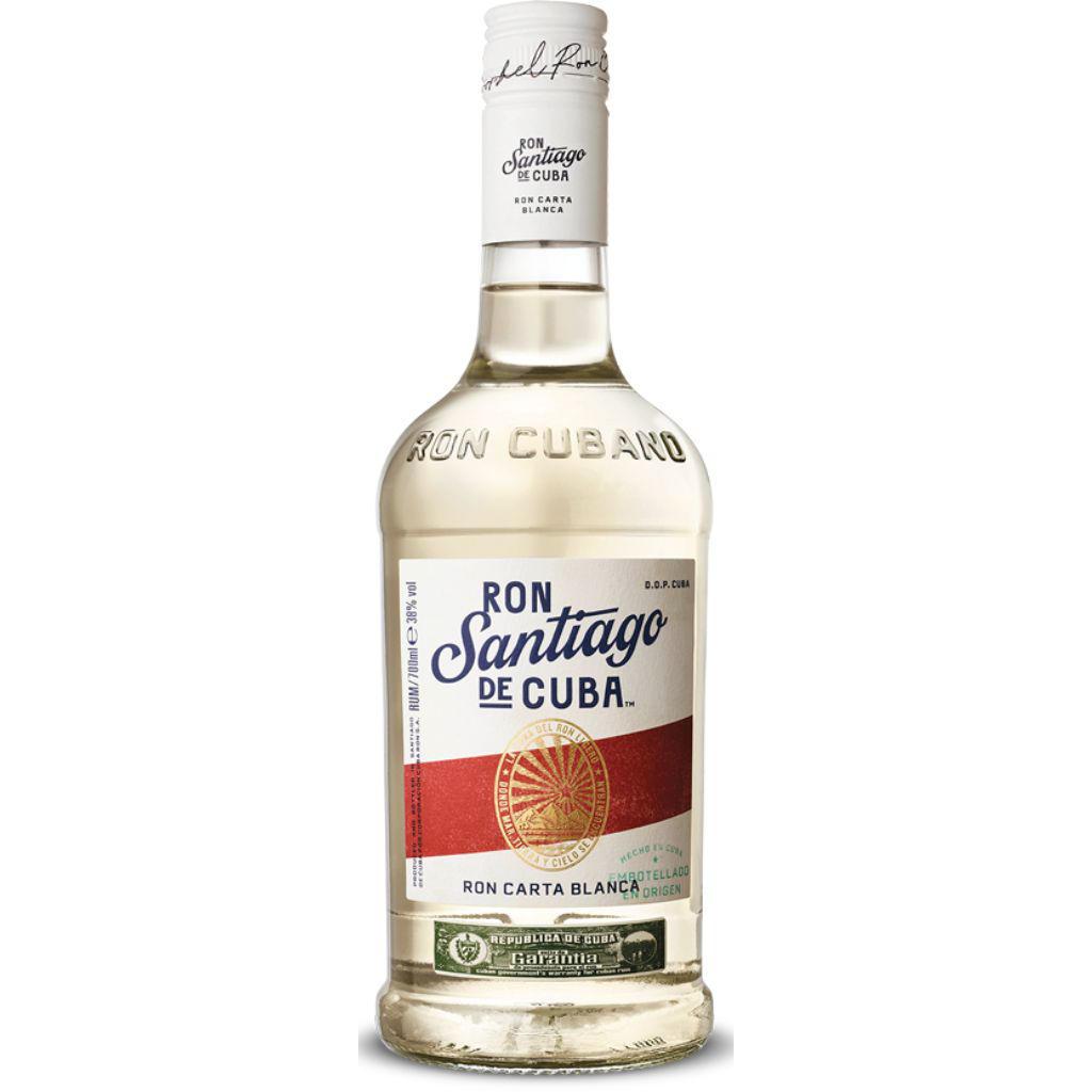Bottiglia di Rum Santiago de Cuba Carta Blanca, rum cubano bianco ideale per Mojito e cocktail caraibici.