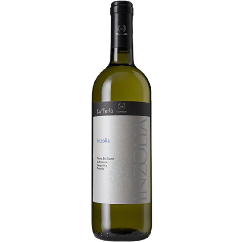 Bottiglia di CVA La Ferla Inzolia Terre Siciliane IGP, vino bianco siciliano fresco e aromatico.