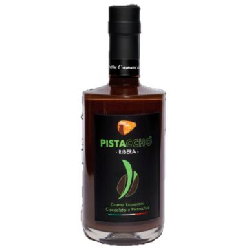 Bottiglia di liquore Pistacchò Ribera, crema liquorosa al pistacchio e cioccolato siciliano.