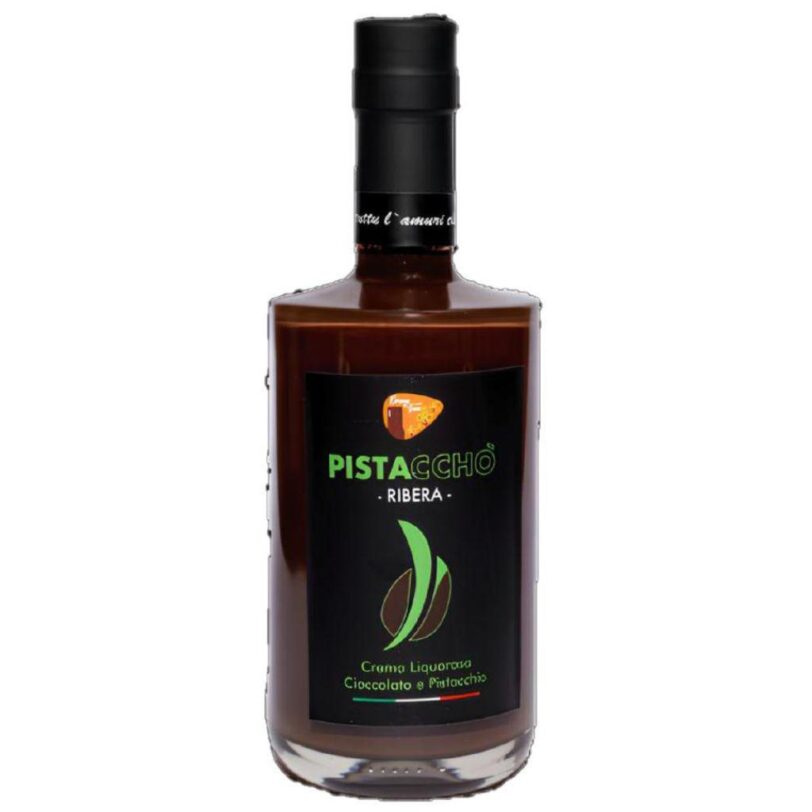 Bottiglia di liquore Pistacchò Ribera, crema liquorosa al pistacchio e cioccolato siciliano.