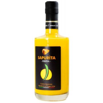 Bottiglia di liquore Sapurita Ribera, crema liquorosa al mandarino e finger lime siciliano.