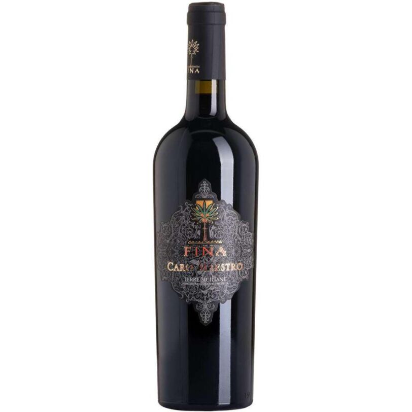 Bottiglia di vino rosso Fina Caro Maestro Terre Siciliane IGP – elegante e intenso, con profumi di frutti rossi e spezie