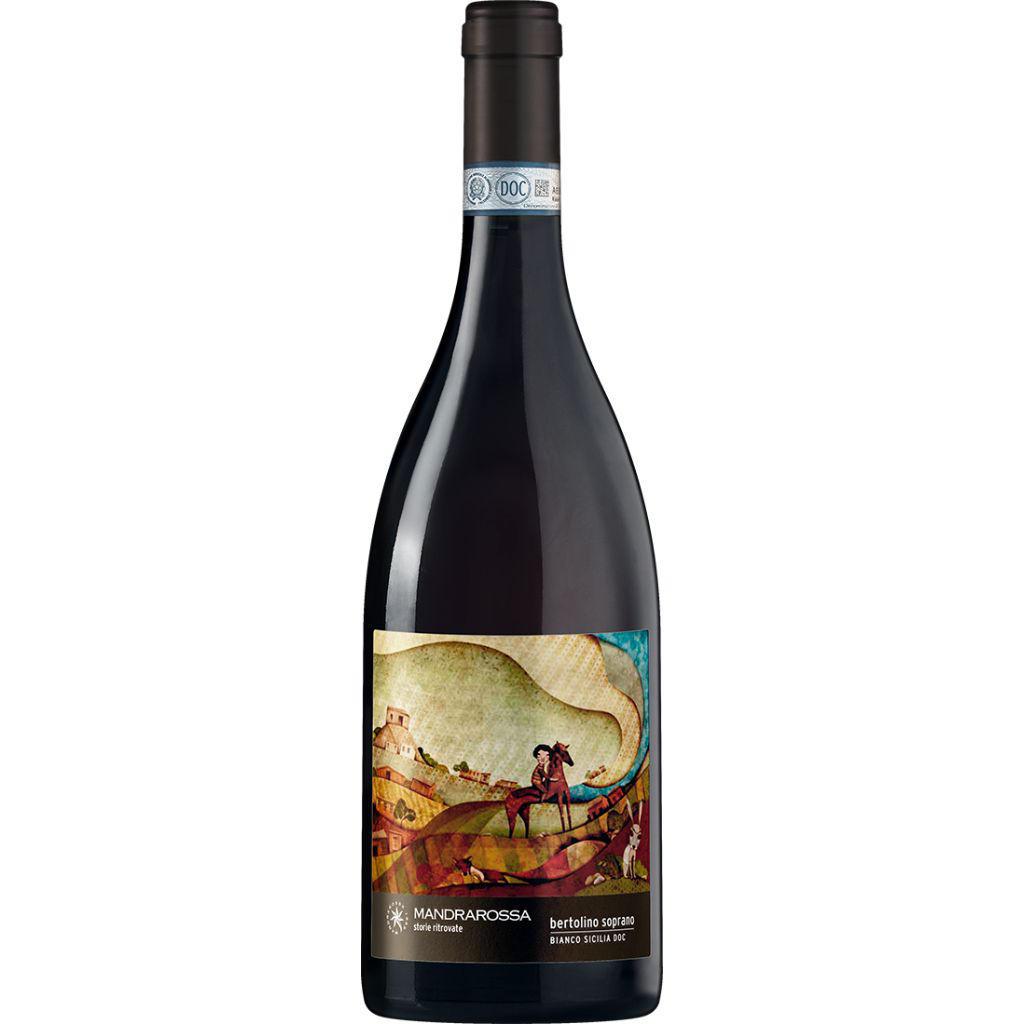 Bottiglia di Mandrarossa Bertolino Soprano Bianco Sicilia DOC – vino bianco elegante e strutturato con note di agrumi e mandorla.