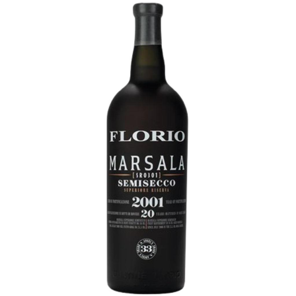 Bottiglia di Marsala Florio Superiore Semisecco Riserva 2001, vino liquoroso siciliano affinato oltre 20 anni in rovere.
