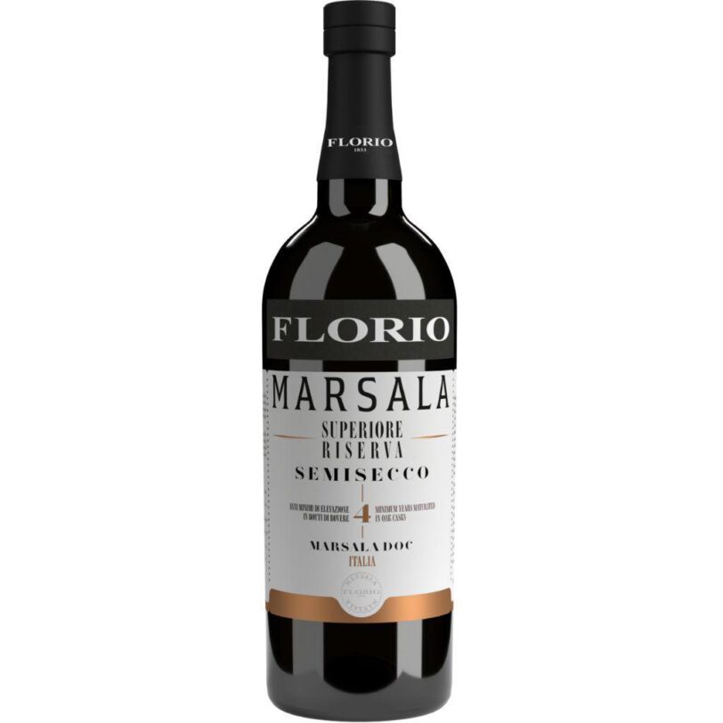 Bottiglia di Marsala Florio Superiore Semisecco Riserva oltre 4 anni, vino liquoroso siciliano affinato in botti di rovere.
