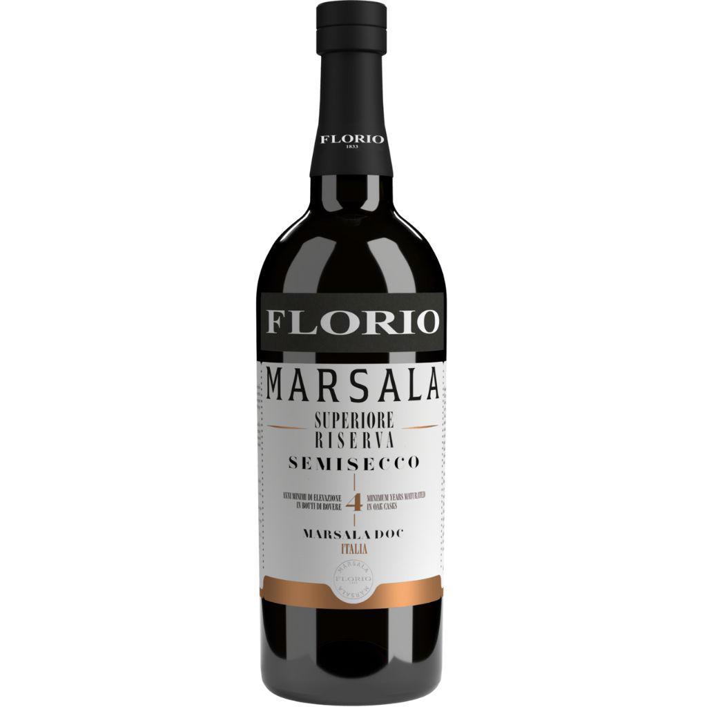 Bottiglia di Marsala Florio Superiore Semisecco Riserva oltre 4 anni, vino liquoroso siciliano affinato in botti di rovere.