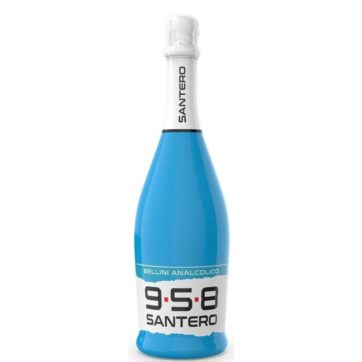 Bottiglia di Spumante Santero 958 Bellini Analcolico Blu 75cl, bevanda frizzante alla pesca senza alcol.