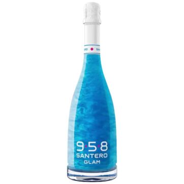 Bottiglia di spumante Santero 958 Glam Blue, vino frizzante scenografico.