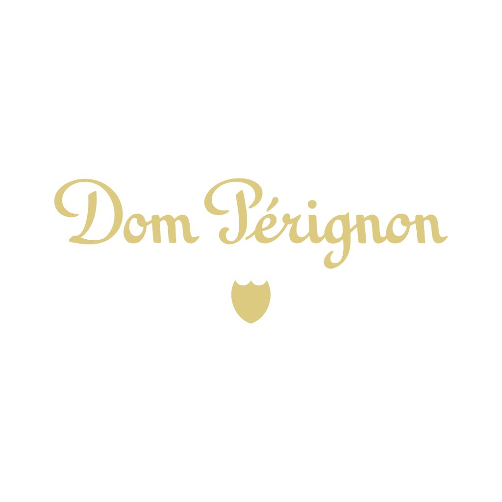 Logo dorato Dom Pérignon con stemma a scudo, simbolo dello Champagne di lusso