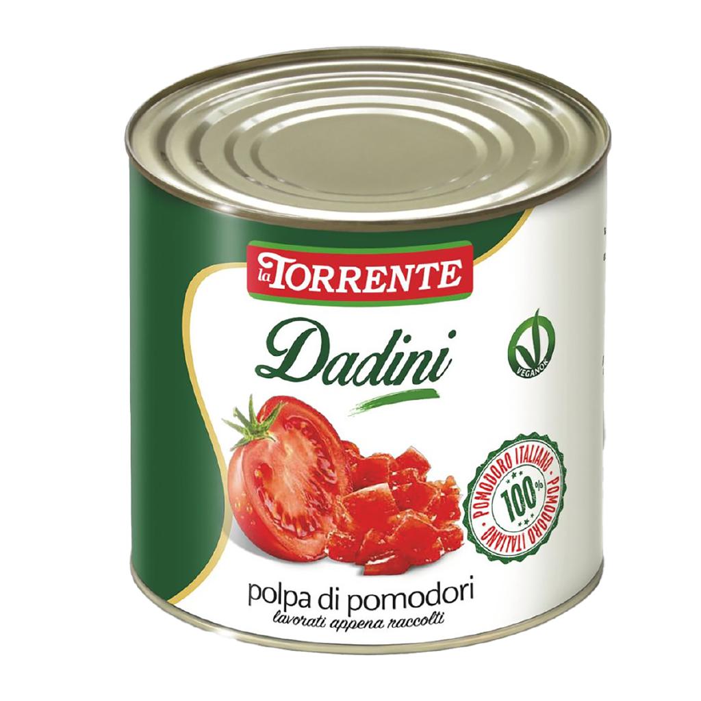 La praticitella polpa di pomodoro italiano, giagliata e pronta per essere cucinata, semplifica la vita di chi lavora ai fornelli. Dolce e compatta, in ogni confezione c sola polpa natura di primissima qualitChe sia saltata in padella, a usata come base per la pizza, la Polpa di Pomodoro a Cubetti La Torrente, aiuta chi ha le mani in pasta.