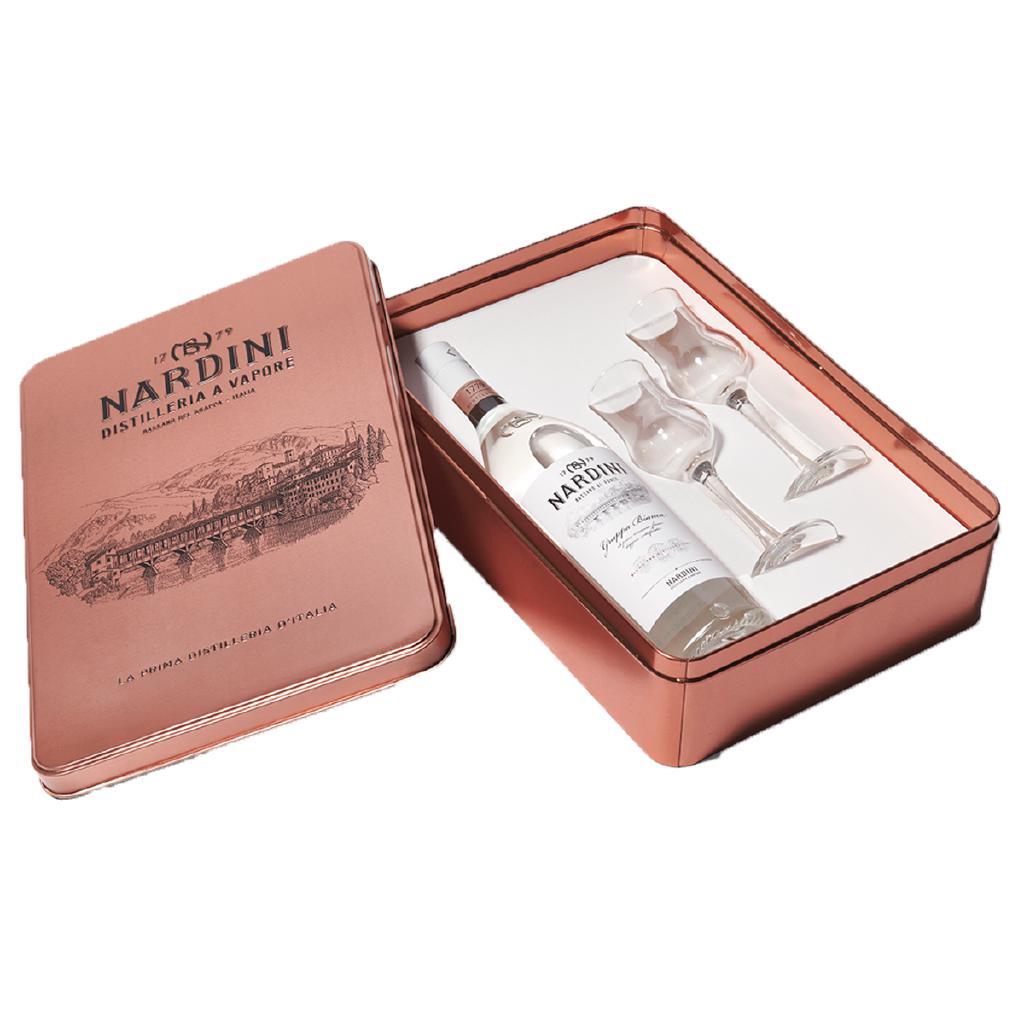 GRAPPA BIANCA NARDINI CL 70 CONFEZIONE LATTA CON 2 TULIP